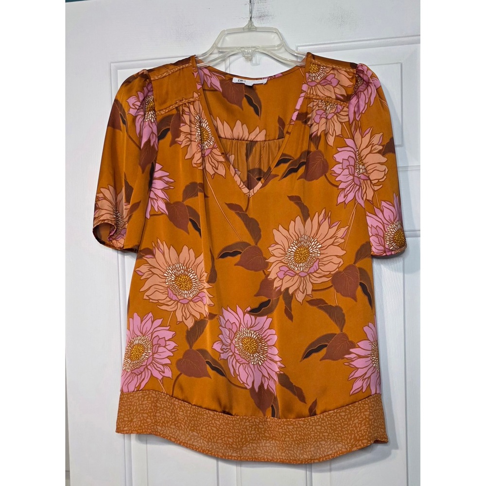 DR2 Daniel Rainn Floral Blouse Large Orange Pink Sunflower Short Sleeve Top